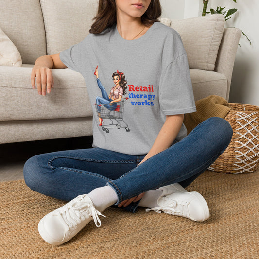 Retail Therapy Works T‑Shirt — Vintage Pinup Shopping Quote Tee