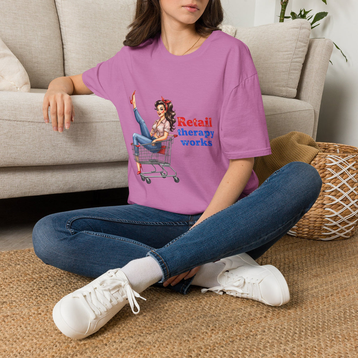 Retail Therapy Works T‑Shirt — Vintage Pinup Shopping Quote Tee