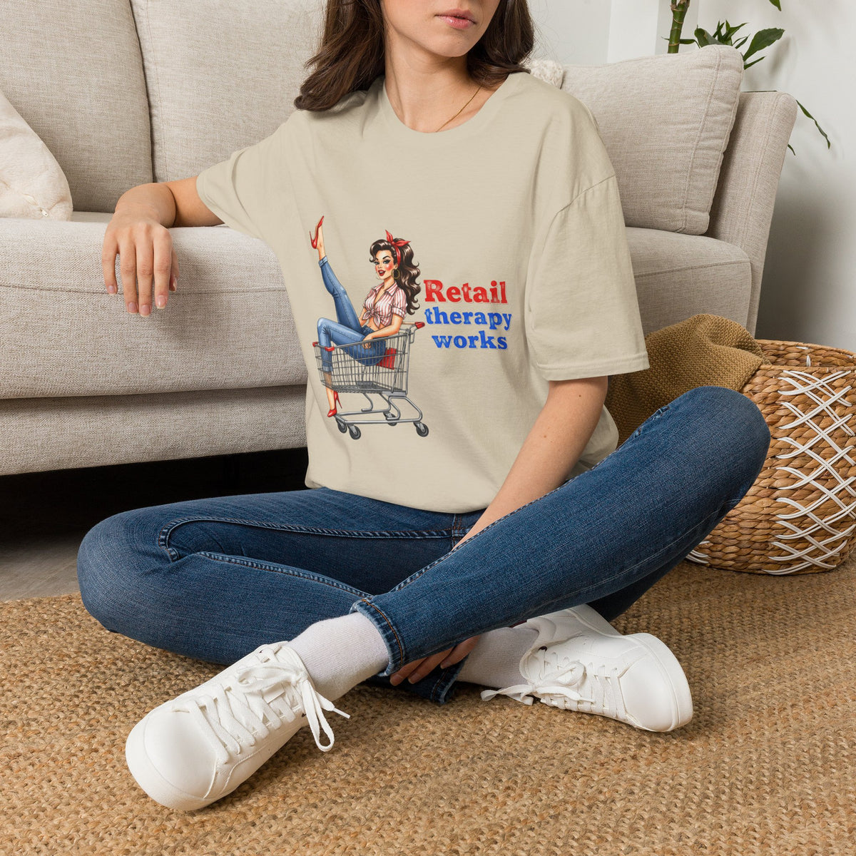 Retail Therapy Works T‑Shirt — Vintage Pinup Shopping Quote Tee