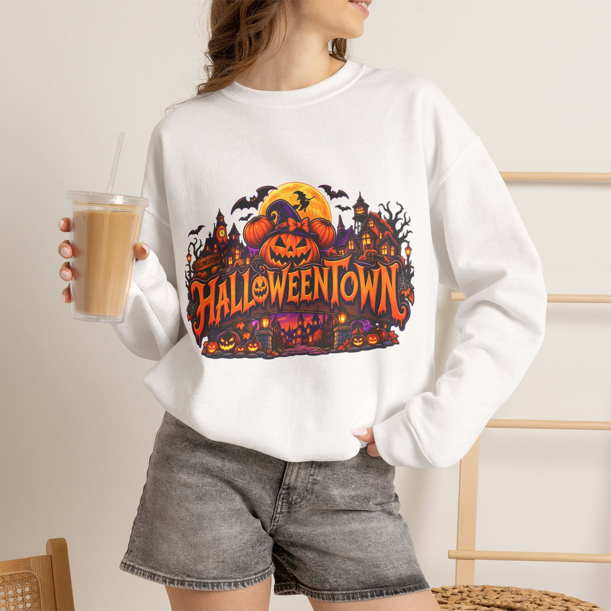 Halloween Town Pumpkin Graphic Sweatshirt – Spooky Fall Crewneck