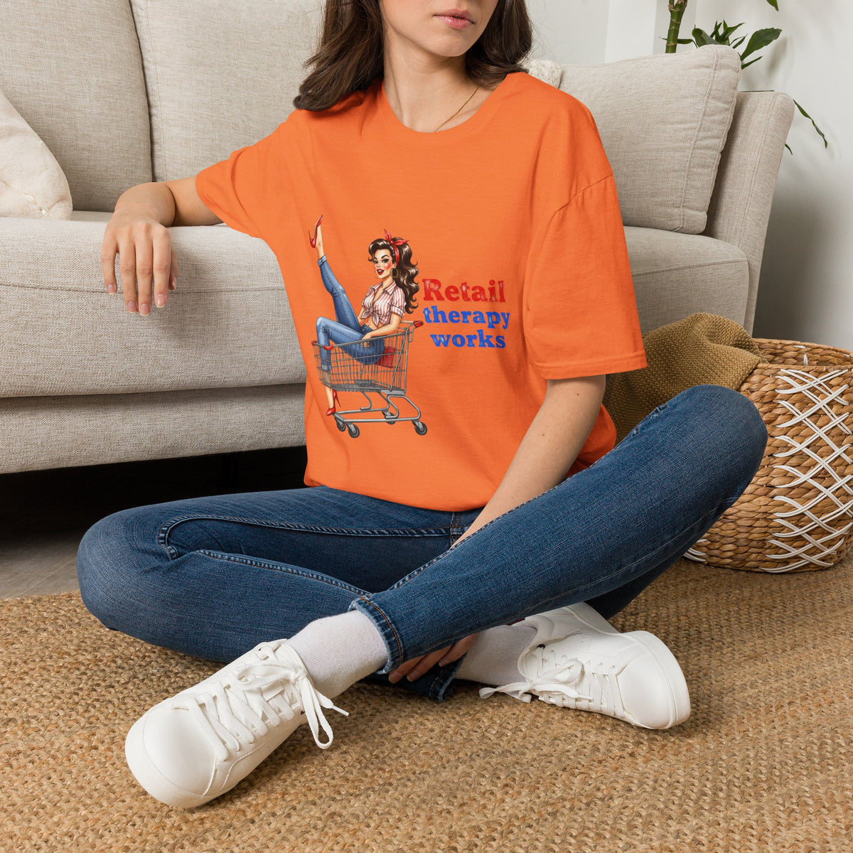 Retail Therapy Works T‑Shirt — Vintage Pinup Shopping Quote Tee