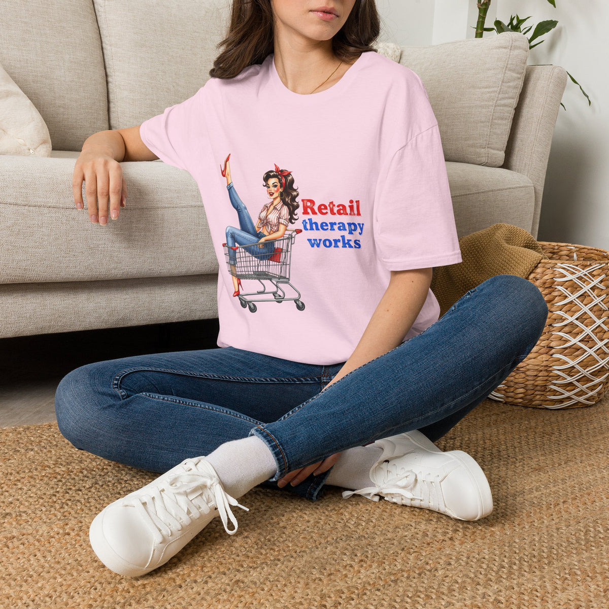 Retail Therapy Works T‑Shirt — Vintage Pinup Shopping Quote Tee