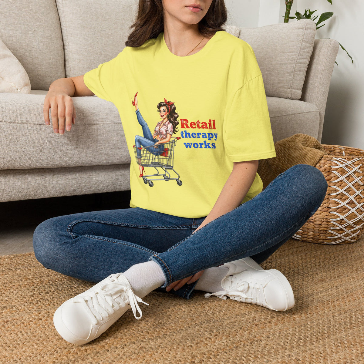 Retail Therapy Works T‑Shirt — Vintage Pinup Shopping Quote Tee