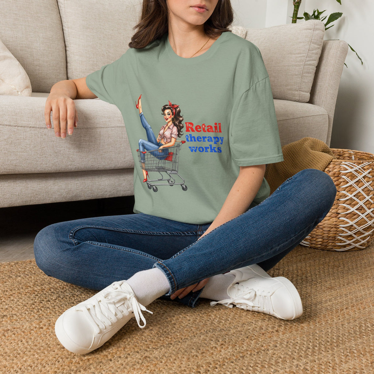 Retail Therapy Works T‑Shirt — Vintage Pinup Shopping Quote Tee