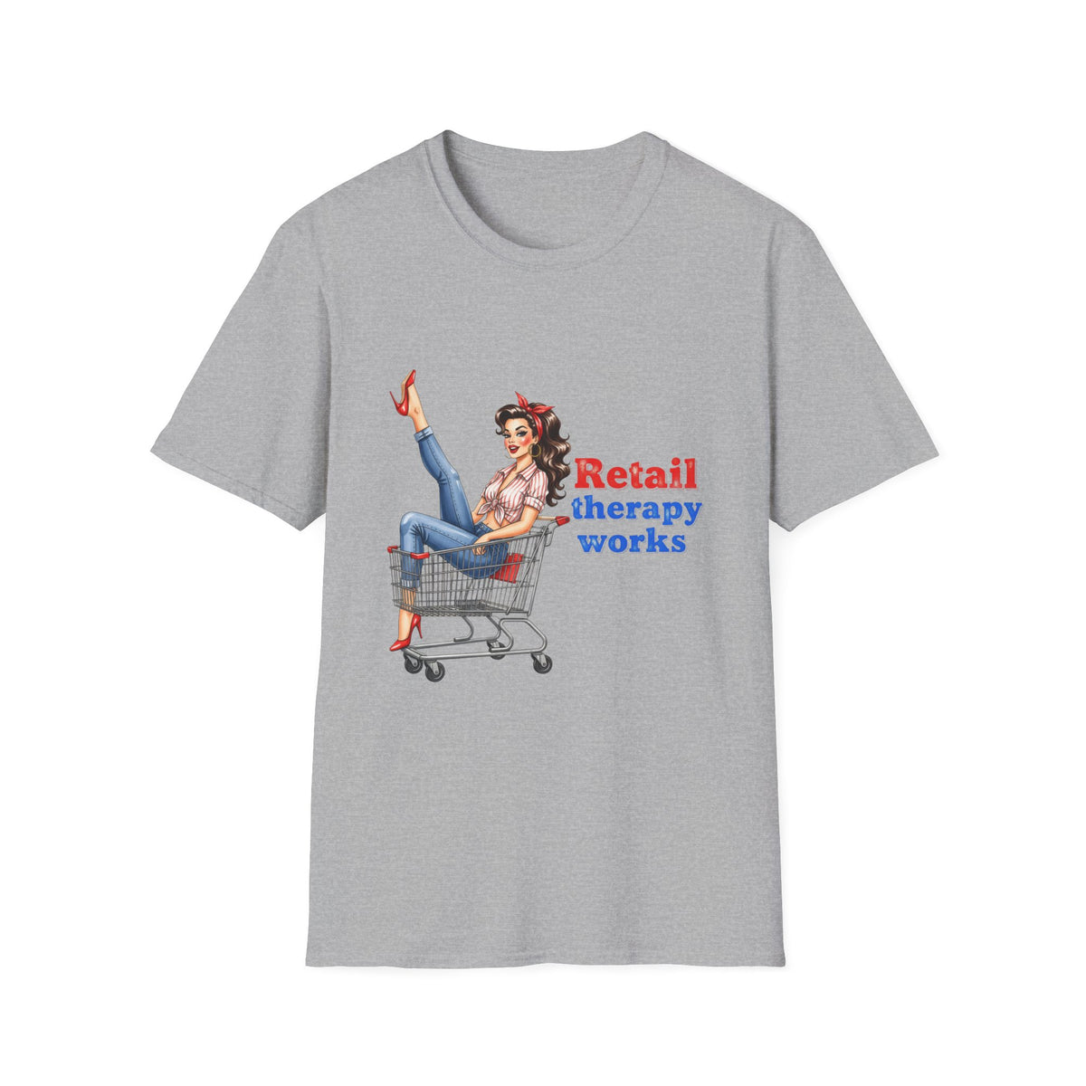 Retail Therapy Works T‑Shirt — Vintage Pinup Shopping Quote Tee