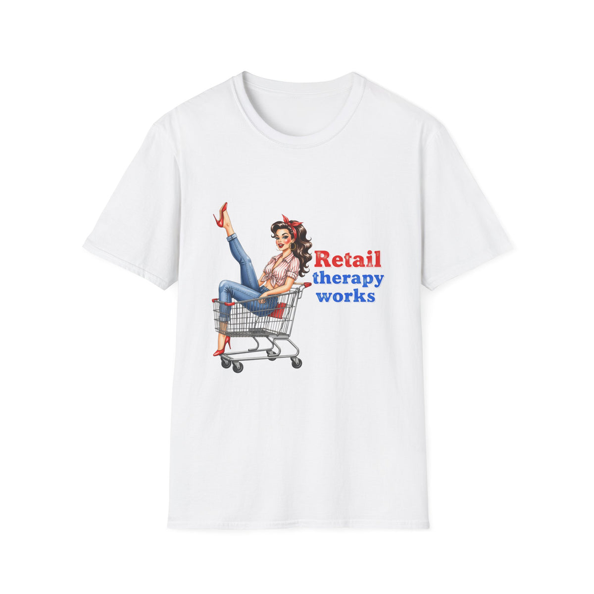 Retail Therapy Works T‑Shirt — Vintage Pinup Shopping Quote Tee