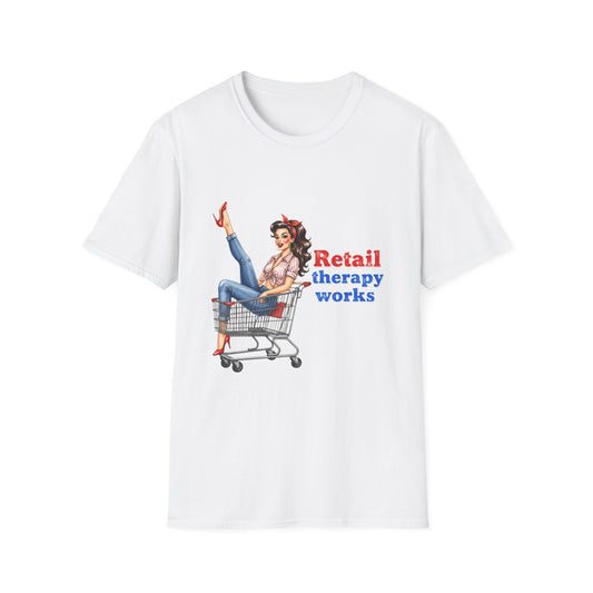 Retail Therapy Works T‑Shirt — Vintage Pinup Shopping Quote Tee