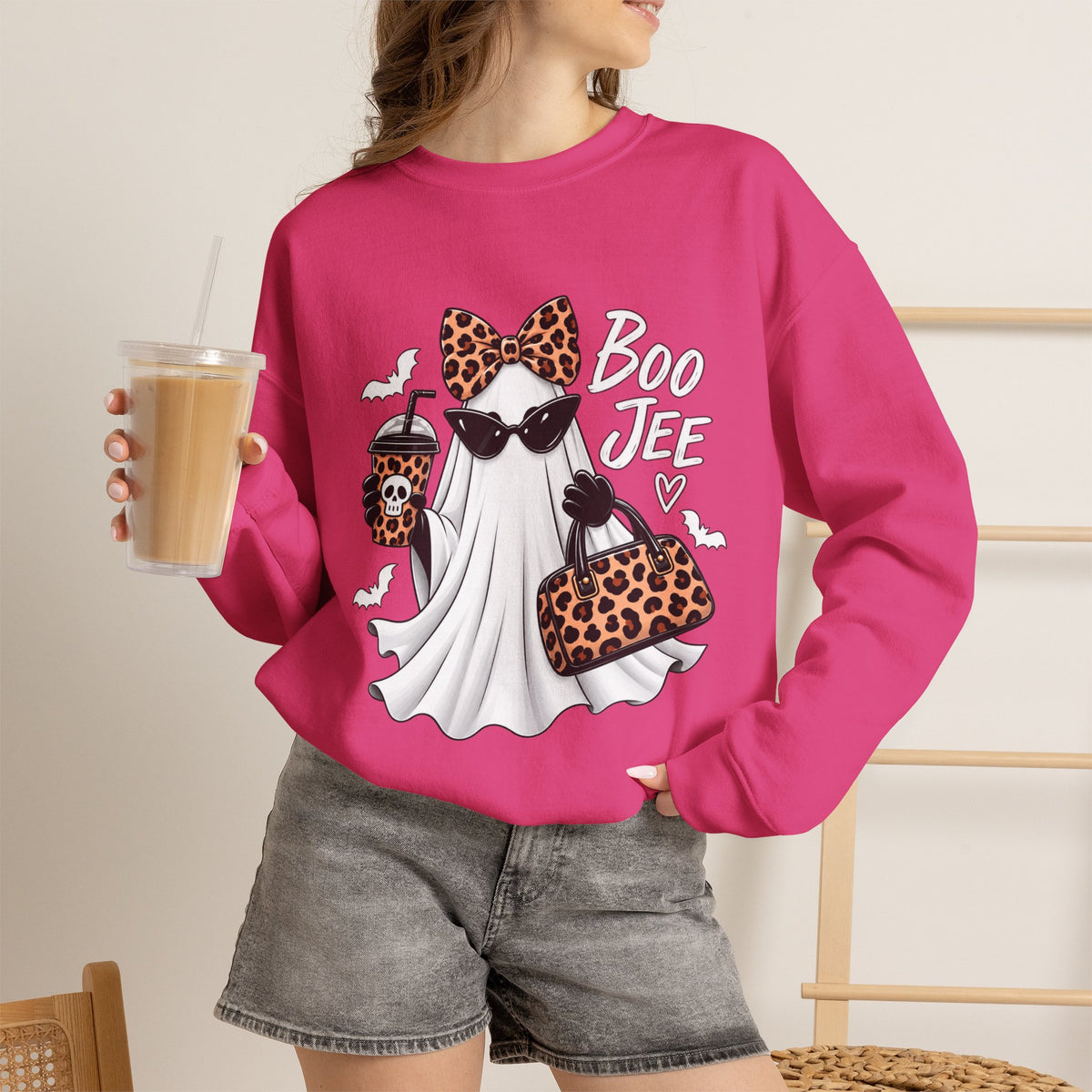 🔥 Boo Jee Leopard Ghost Halloween Graphic Crewneck Sweatshirt