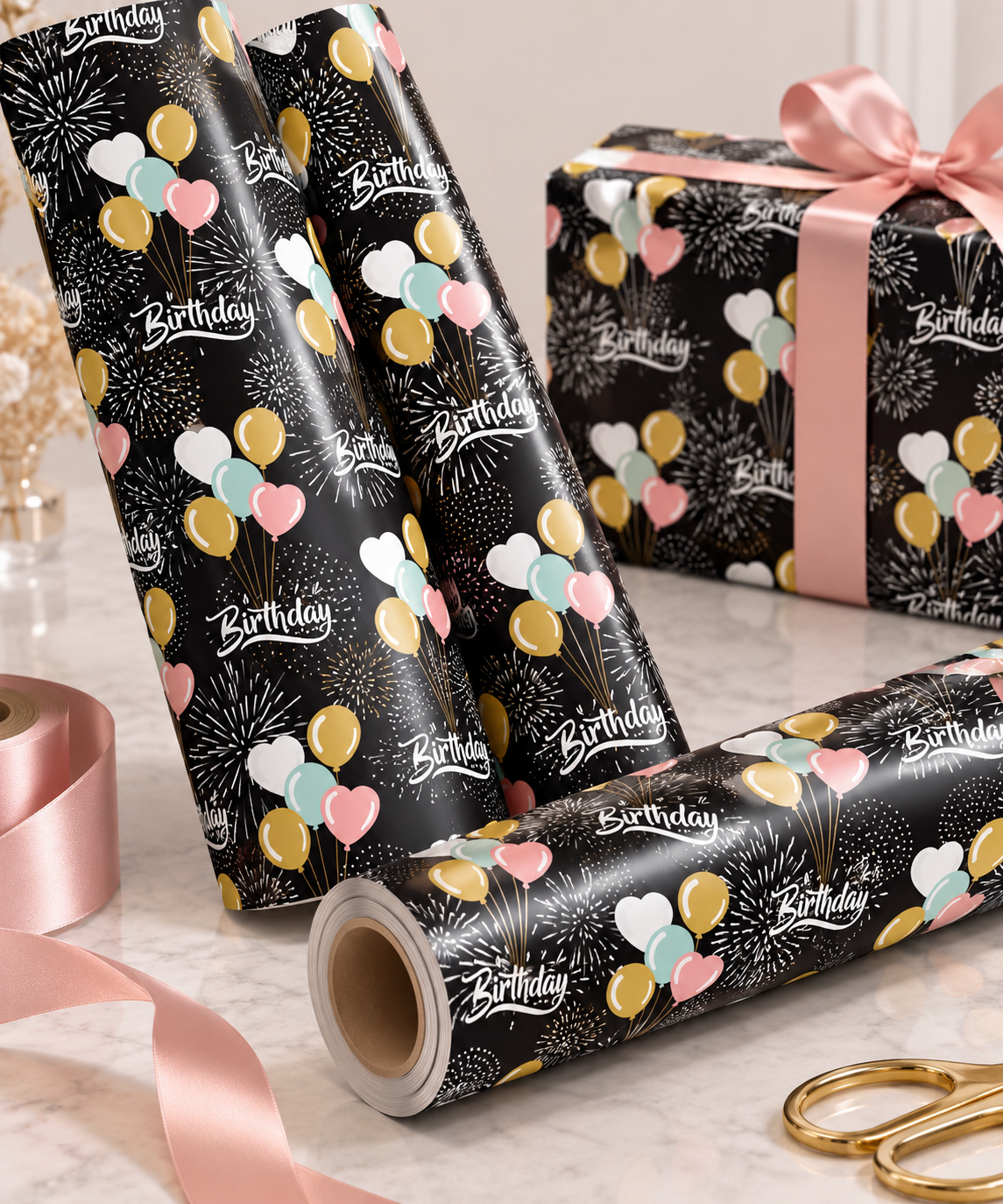 🎈✨ Midnight Birthday Celebration Balloons Gift Wrapping Paper Roll – 1pc