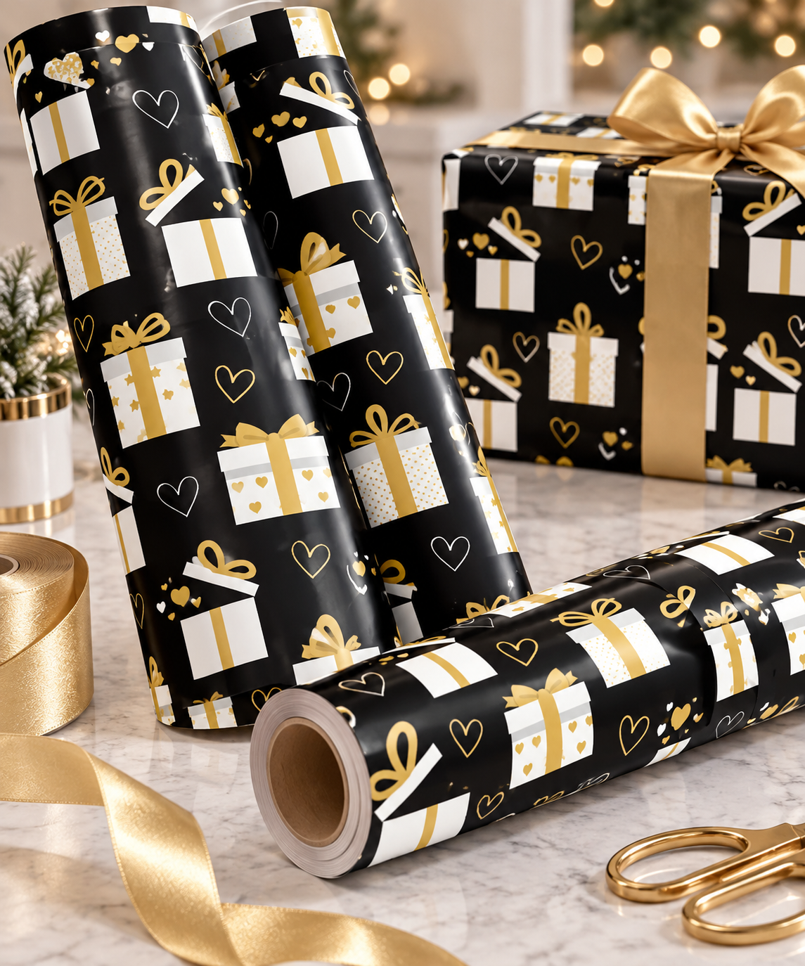 🖤✨ Black & Gold Celebration Gift Box Wrapping Paper Roll – 1pc