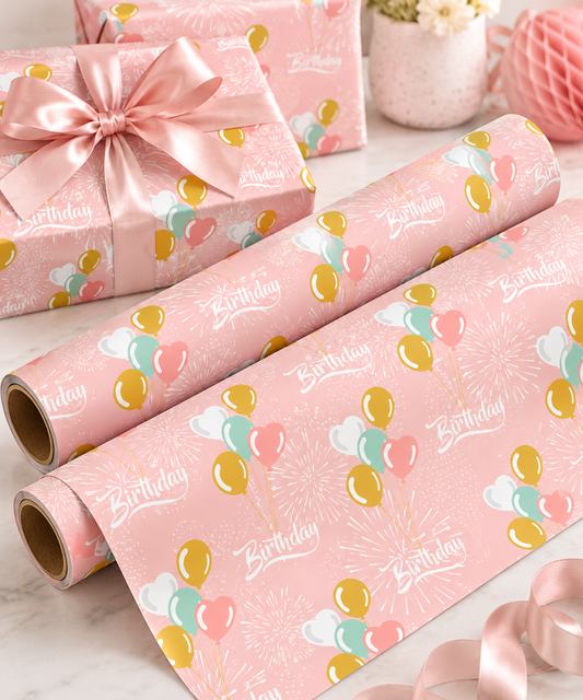 🎈 Blush Birthday Balloons Celebration Gift Wrapping Paper Roll – 1pc