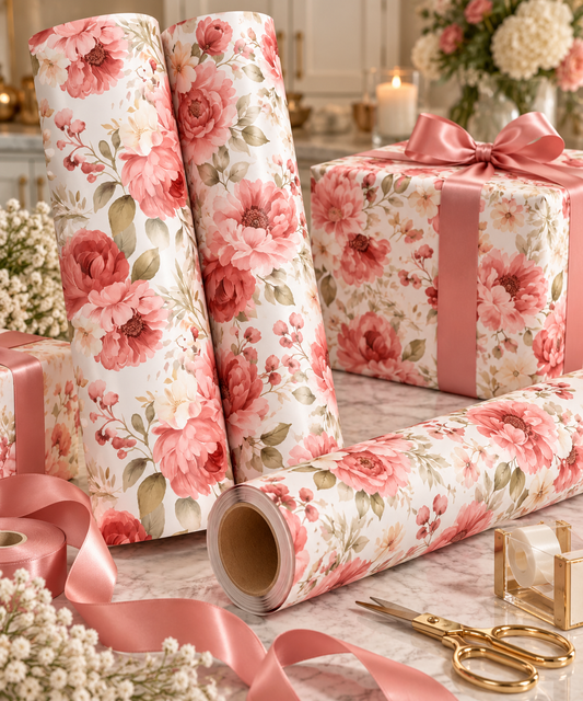 🌸 Coral Blush Garden Floral Gift Wrapping Paper Roll – 1pc