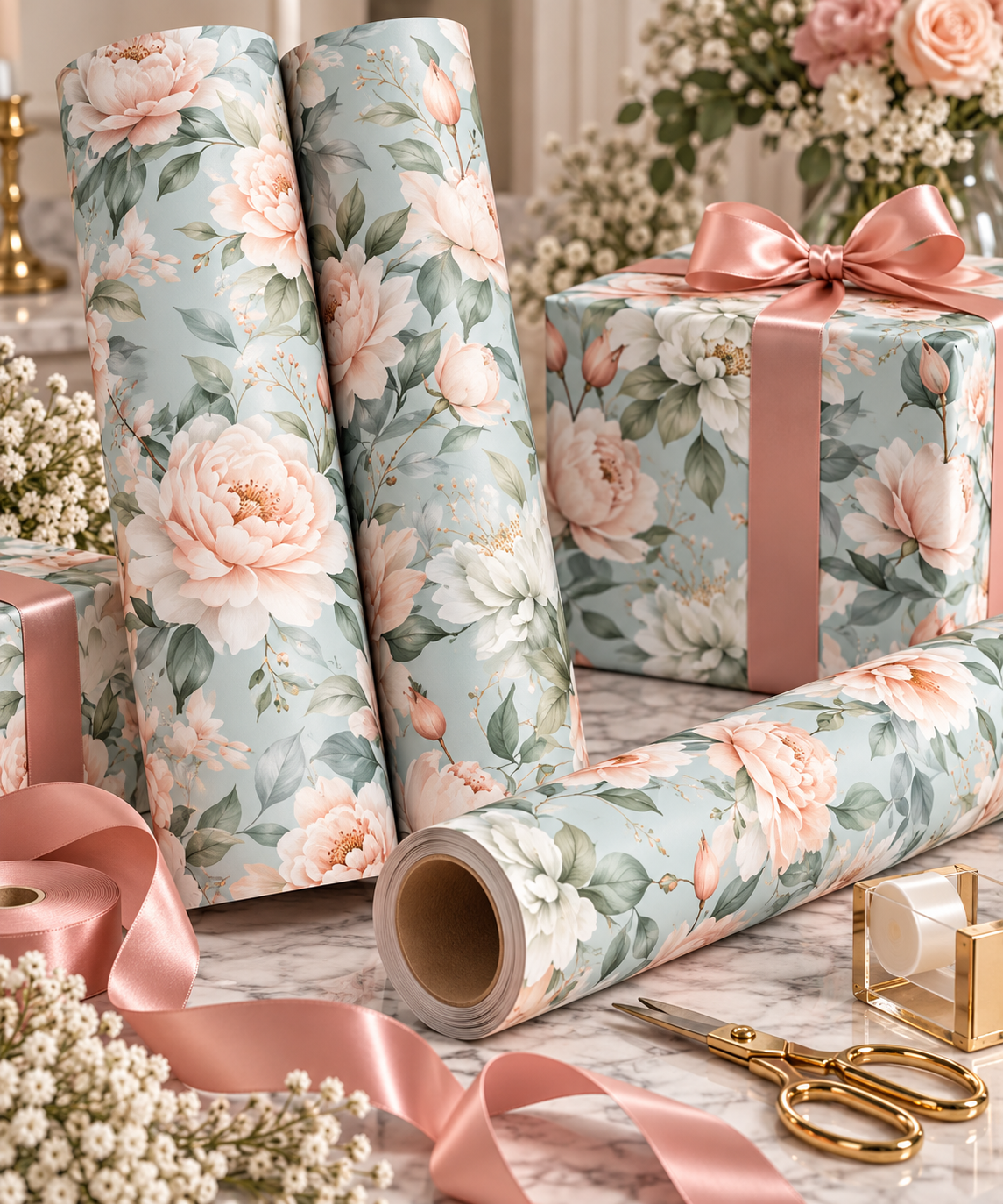🌸 Blush Garden Floral Gift Wrapping Paper Roll – 1pc