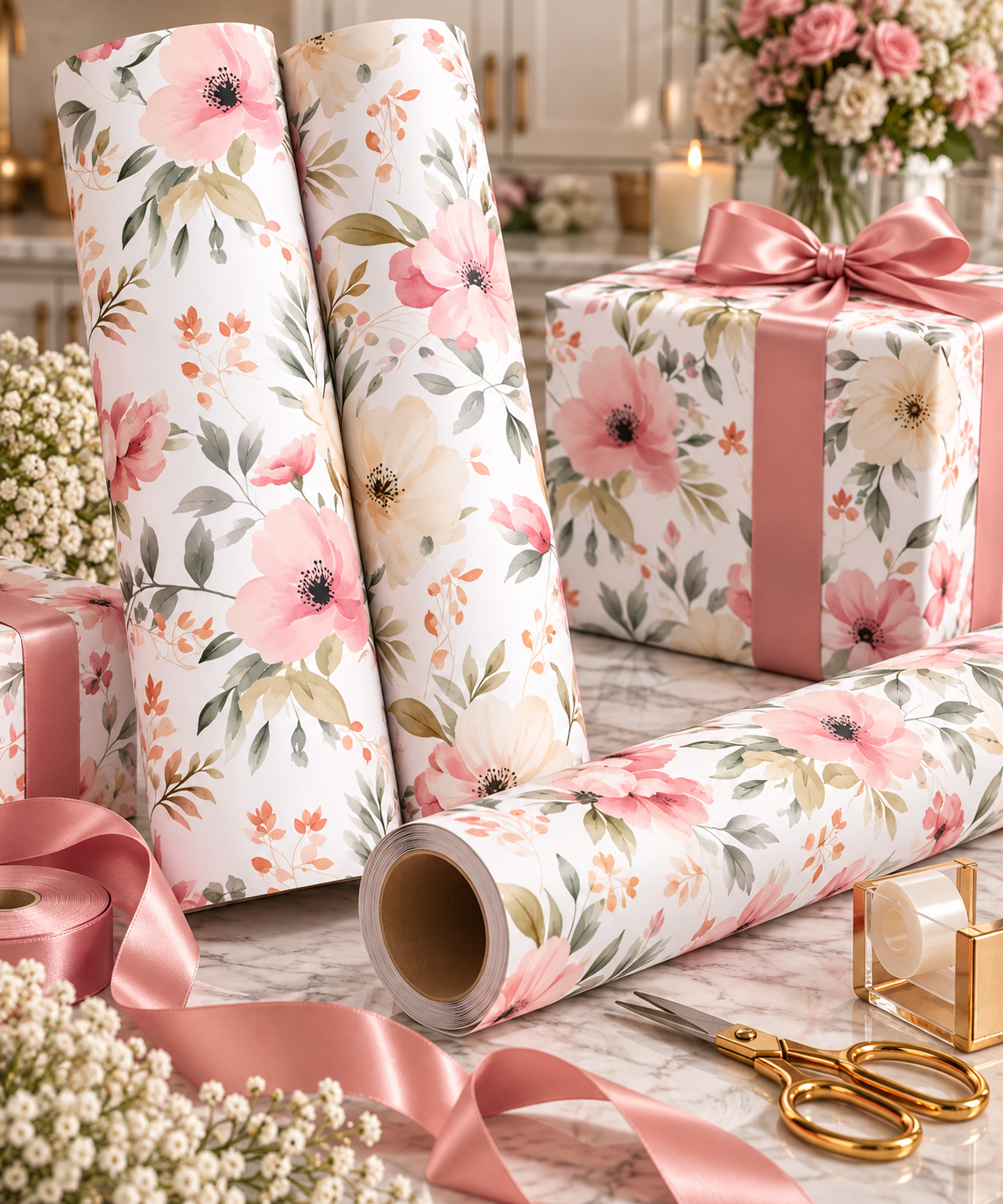 Blushing Bloom Watercolor Floral Gift Wrapping Paper Roll – 1pc